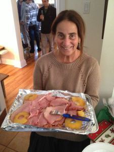 Cousin Jeanie - the Happy Homemaker - shows off her ham-carrying skills.
