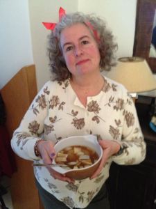 Cousin Evelina bedecked with ribbons and onion gravy.