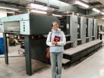 Electra in front of the actual machine that printed our book. I could kiss that metal!