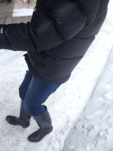 Note the rain boots - perfect for rainy days. Terrible for walking on icy sidewalks and keeping your feet warm.