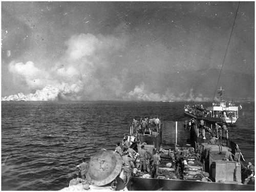 Red Beach sector, Cavalaire Bay, Operation Dragoon, 15 August 1944. Another view from the same sequence as the previous image showing British-manned landing craft making their way to shore. These are LCMs (Landing Craft Mechanized), and since Empire Elaine was the only specialised LCM carrier in Convoy SM 1C these could well have been among the LCMs that she transported to the landings.