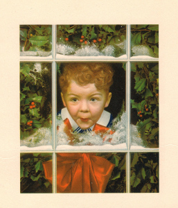 Vintage American Christmas Card--excited boy peering through window
