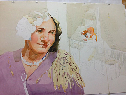 Working on the portrait and the mother holding her baby.