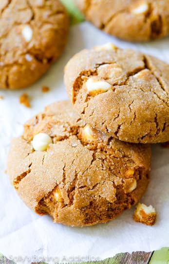Soft and chewy brown sugared molasses cookies with lots of sweet white chocolate chips. One of my favorites!