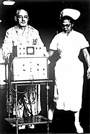 A 1958 pacemaker--wired to a cart of machines. Source: http://www.ncbi.nlm.nih.gov/pmc/articles/PMC3232561/
