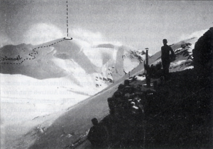 Photo showing the tunnel to the summit of Hohe Schneide-Monte Cristallo which took 5 months to build. Note openings for ventilation and to dump out ice rubble.