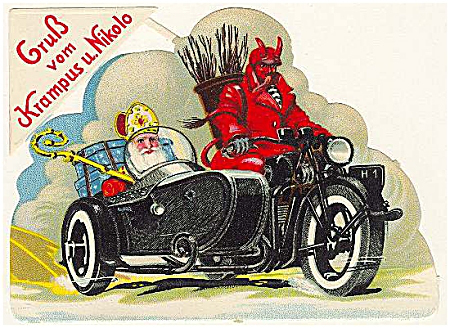 Little Saint Nick and his wingman, Krampus, tearing up the highways in their Harley (actually more like a BMW bike).