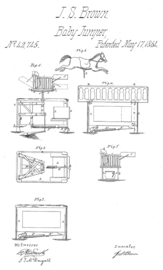 The original 1864 patent drawings for Dr. Brown's 'Baby Tender'. It had a spring to provide and up-and-down motion for the child. The drawings show the different fittings that could be placed on it, from a chair, to a cot and even a hobby horse (Google Patents)