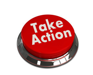 A red button with the words 