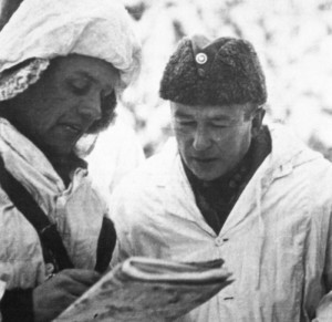 Finnish Army Colonel Hjalmar Siilasvuo receiving a briefing during the Battle of Suomussalmi, Finland, Dec 1939-Jan 1940
