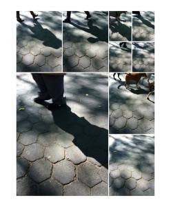 Collage of shadows on pavement.