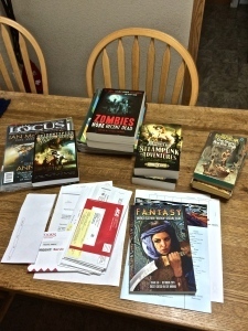 What four months of mail looks like when you retrieve it. Plenty of pleasing contributor's copies, including Women Destroy Fantasy1