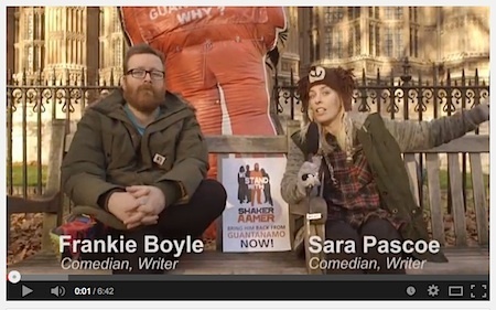 A screenshot of Frankie Boyle and Sara Pascoe from their video for the We Stand With Shaker campaign. Video filmed and edited by Billy Dudley.
