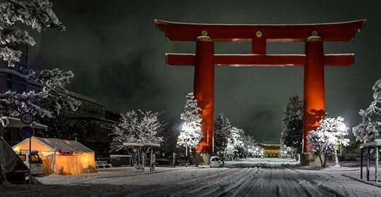Main Gate of the Heian Shrine with a festival food stall getting ready for the early-morning shrine-visiting cro<br />wd -- Kyoto, Japan -- Copyright 2015 Jeffrey Friedl, http://regex.info/blog/