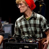 Luis Etscheid, last year's circuit bending champion, with his custom machined Akai Sampler, which used sounds from the Google Doodle displayed on Bob Moog's birthday.