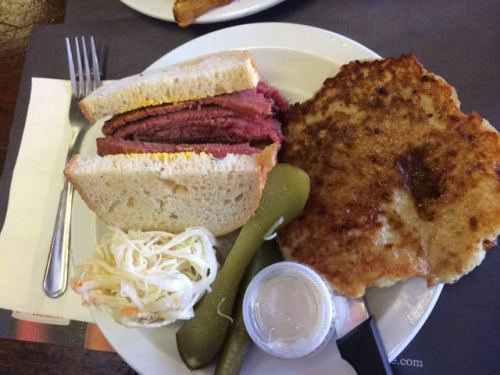 My smoked meat sandwich and potato latke at Smoke Meat Pete