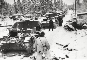 Finnish troops inspecting destroyed Soviet vehicles, Finland, 17 Jan 1940. (US Library of Congress)
