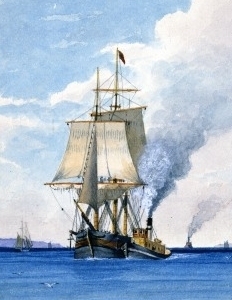 painting of the sailing ship Saranak being towed into port by a steamboat