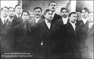Alaska Native Brotherhood founding fathers in 1912, from left: Paul Liberty, James Watson, Ralph Young, Eli Kalanvok (Katinook), Peter Simpson, Frank Mercer, James C. Jackson, Chester Worthington, George Fields, William Hobson, and Frank Price. Not pictured are Seward Kunz and Marie Moon Orsen.