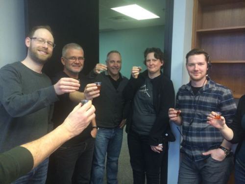 Adhering to Scottish film labor regulations, the gang takes a union-mandated scotch break.