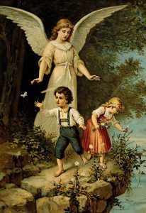 religion, angels, guardian angel, oil print, 19th century, protecting, child, children, kid, kids, girl, boy, playing at abyss,
