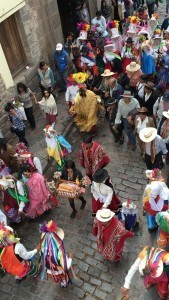 Small Christmas morning street parade in Cusco. 