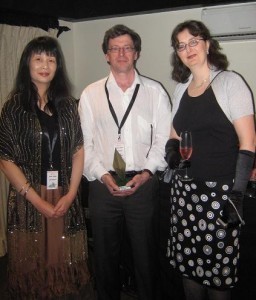 Fans june Young & Simon Litton with GoH, Trudi Canavan, at the Sir Julius Vogel Award party