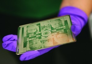 This daguerreotype plate, created to mimic those made in the 19th century, can be studied under an electronic microscope to determine its properties. Photo by Abby Brack.