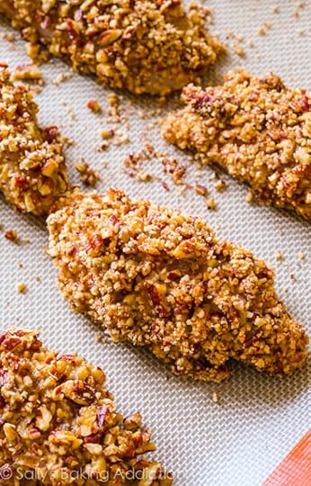 Crunchy Pecan Crusted Chicken Fingers-- baked, not fried! Recipe on sallysbakingaddiction.com