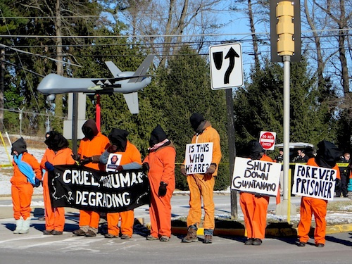 Campaigners against Guantanao, torture and the use of drones outside CIA headquarters in McLean, Virginia on January 10, 2015, the day before the 13th anniversary of the opening of Guantanamo (Photo: Andy Worthington).