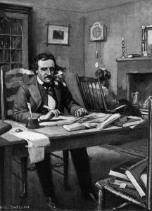 Edgar Allan writing with cat