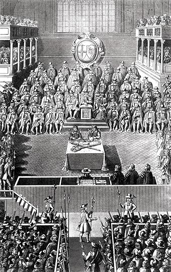 A contemporary engraving of Charles I's trial in Westminster Hall showing John Bradshaw presiding.