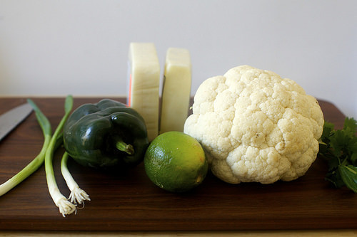 scallions, poblano, lime, cheese, cauliflower, 