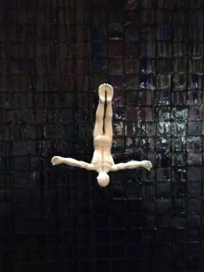 One of many divers on Rosa Mexicana's water wall