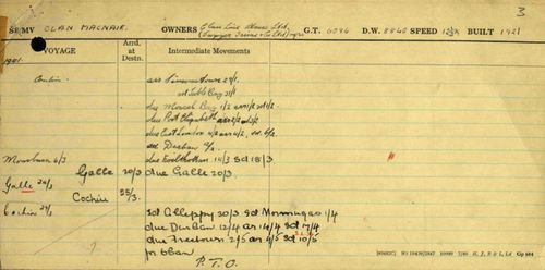 The Ship Movement Card for Clan Macnair showing her departure from Freetown on 10 May 1941 in convoy SL-74 (an unusual detail, as the cards rarely identify convoys) (UK National Archives).