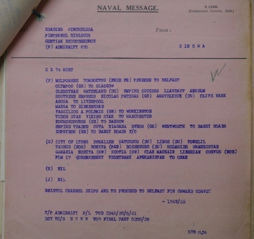 The final message in the record for SL-74 showing the convoy split as it approached the UK, with the second group, including Clan Macnair, destined for Oban (UK National Archives, ADM 237/1187).