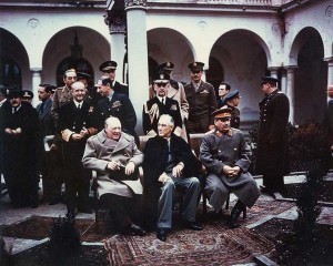 Churchill, Roosevelt, and Stalin at the Livadia Palace in Yalta, Russia (now Ukraine), Feb 1945. (US National Archives)