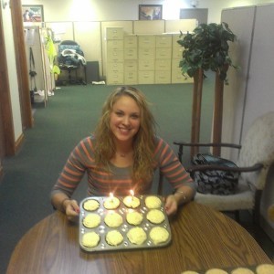Brooke on her 19th birthday, January 21, 2014, during a little party they give for the workers at Greene Publishing, Inc. on their birthday.