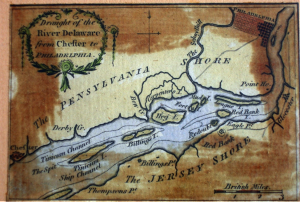 Figure 1 Manuscript Map of Delaware River by Loyalist George Spencer from Huntington Library. It shows the locations of the various key points along the Delaware River south of Philadelphia. Property of the Huntington Library.