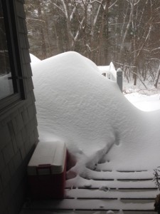 My back deck, mid storm on Monday