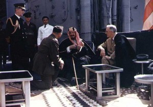 Franklin Roosevelt and King Abdul-Aziz (Ibn Saud) of Saudi Arabia aboard USS Quincy, Great Bitter Lake, Egypt, 14 Feb 1945. (US National Archives)