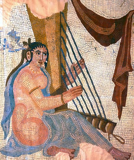Floor pavement representing female dancers. Marble mosaic, ca. 260 AD (Sasanian Era). From the iwan of the so-called palace of Shapur at Bishapur, Iran. Excavated by Roman Ghirshman, ca. 1939–1941. Public domain via Wikimedia Commons.