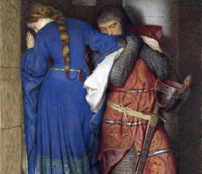 Man and woman in olden days with man kissing woman's arm