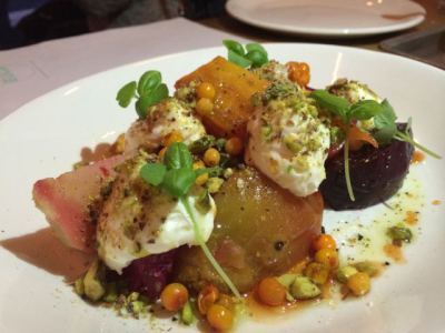 Salt baked beets, stracciatella spuma, pistachio, sea buckthorn berry