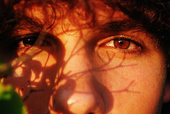 Closeup of boy with tree shadows on face