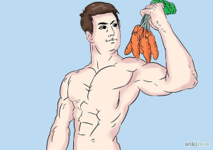 A shirtless hunk who's giving the sexy eye to a bundle of raw carrots. 