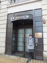 Pauline Rowson outside BAFTA club for lunch with TV people -DI Andy Horton Marine Series