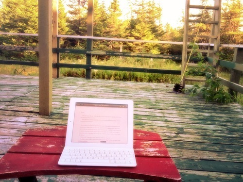 Ohhh. This is one of my favourite spots to write. I love writing in the woods. This is at my parents cabin. Interestingly, after I posted this photo on Facebook a year ago, they painted the deck. I sort of liked it like this. 