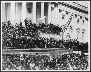 Abraham Lincoln reading his Second Inaugural Address. This was the only event at which President Lincoln was photographed while delivering a speech. Prints and Photographs Division, Library of Congress.