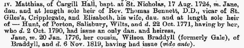 An extract from Burke's Family Records (1894) on the Gale family, showing Matthias. The same pedigree shows his descent from John Gale (born 1641), the first of the Whitehaven Gales, and also the descent from Matthias' brother John to my great-grandmother, Helen Mary Gale (born 1881). You can see the entire pedigree on Ancestry.co.uk.